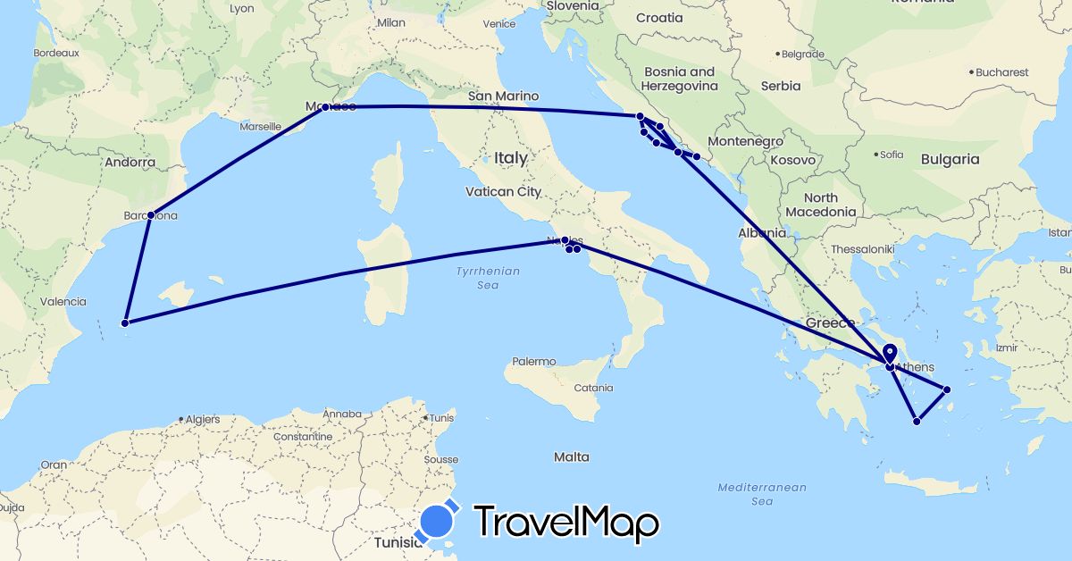 TravelMap itinerary: driving in Spain, France, Greece, Croatia, Italy (Europe)